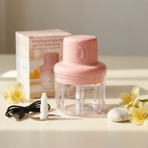 مینی خردکن شارژی اورجینال مدل Mini سه تیغه استیل ضدزنگ صورتی مناسب سیر و پیاز و غذای کودک